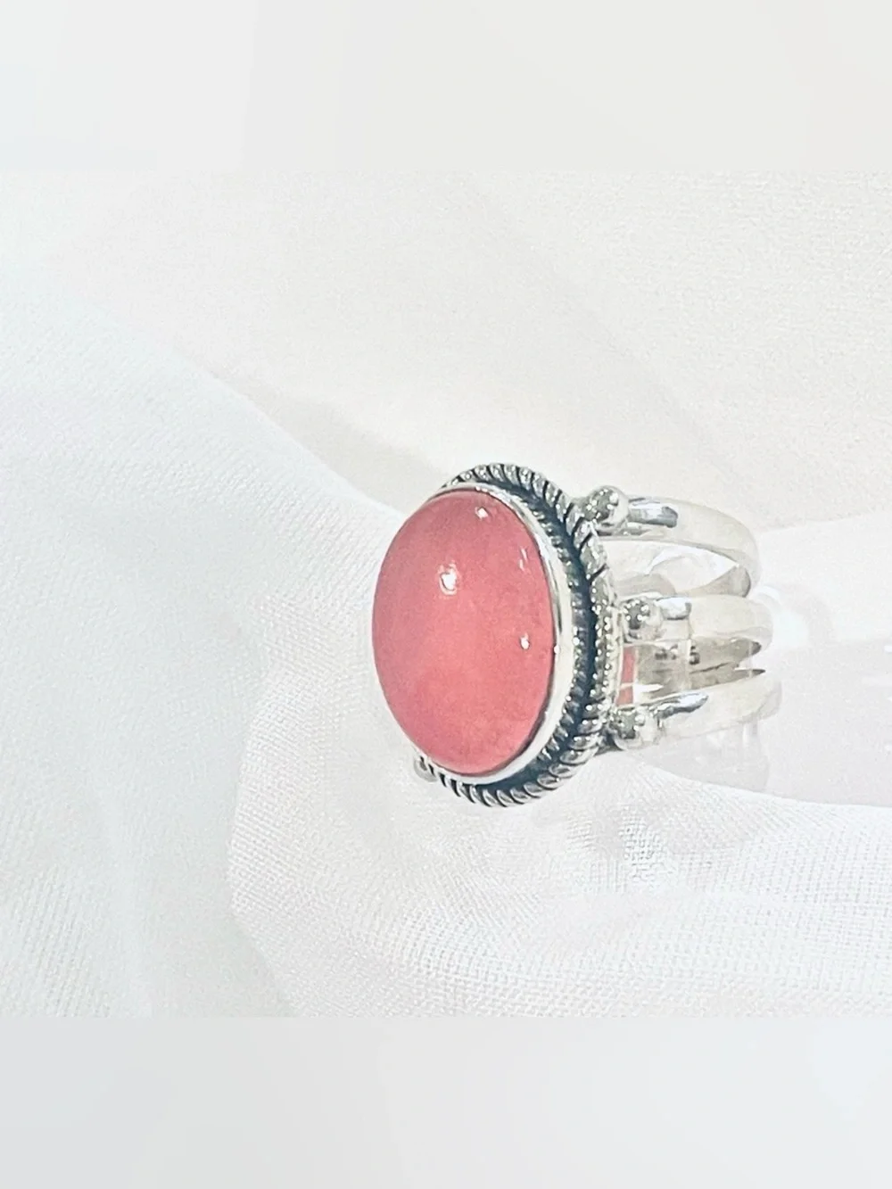 Pink Jade 925 Triple Sterling Silver Ring